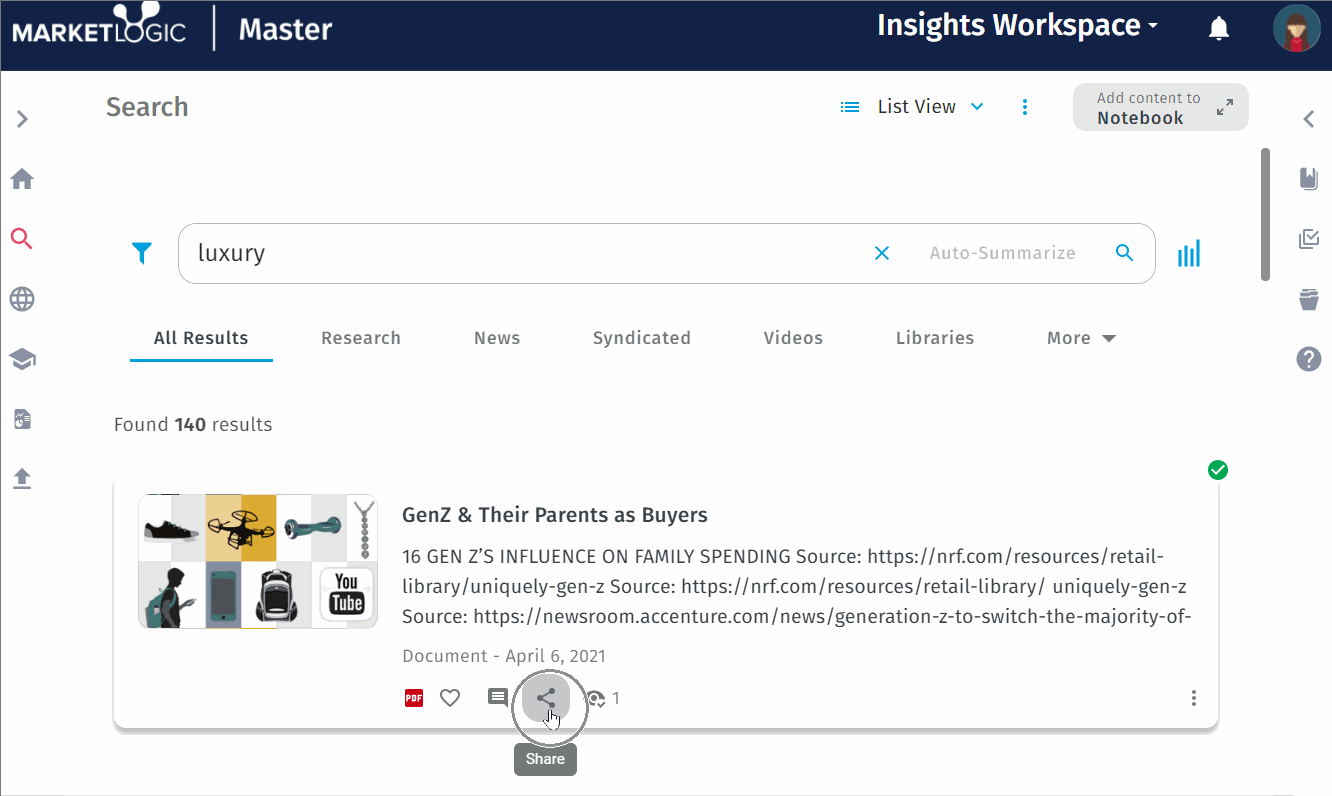 How to Share Content from Search Market Logic Knowledge Center